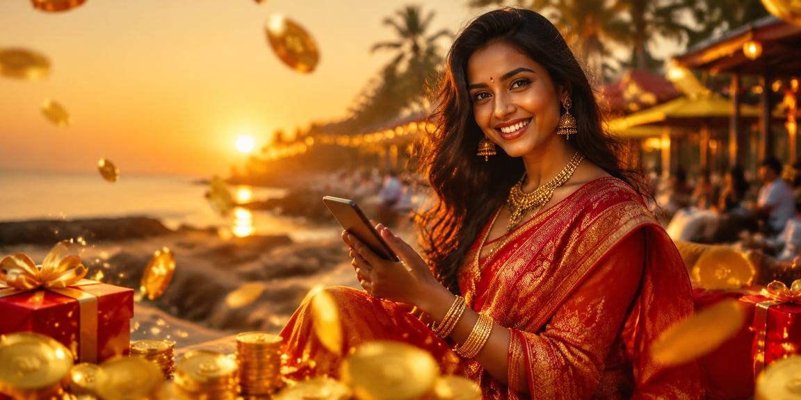 Indian woman playing mobile casino at Goa beach